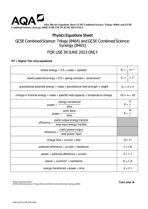 AQA Physics Equations Sheet GCSE Combined Science: Trilogy (8464) and ...