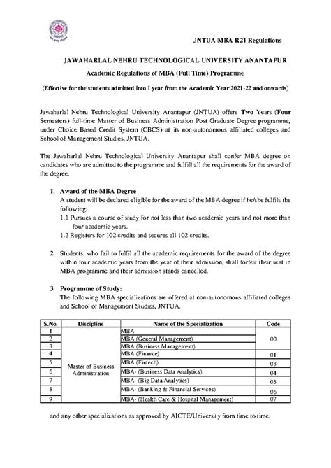 MBA R21 Programme Structure and Academic Regulations Overview - Studocu