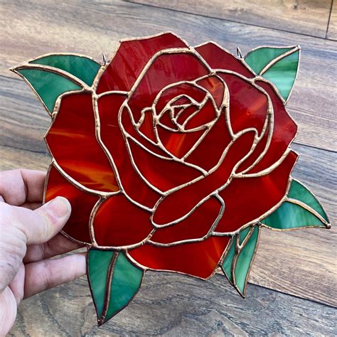 Handcrafted Rose Stained Glass Panel in Rich Red, Handcrafted Floral ...