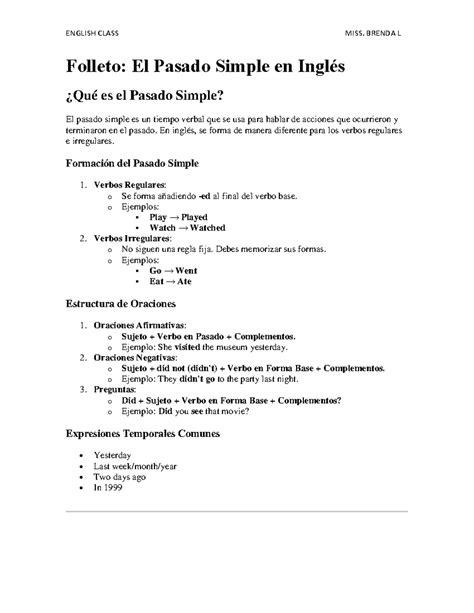 Folleto DE Ingles 8TH AND 9TH - Folleto: El Pasado Simple en Inglés ...