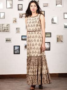 ENGAGE BEIGE - Hand Block Printed Cotton Long Sleeveless Dress - D319F ...