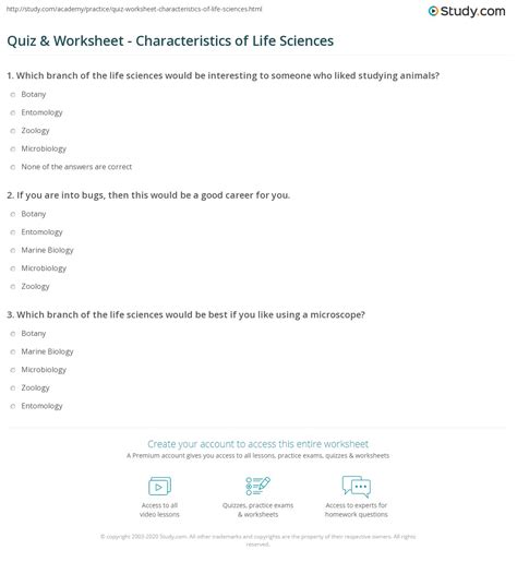 Quiz & Worksheet - Characteristics of Life Sciences | Study.com ...