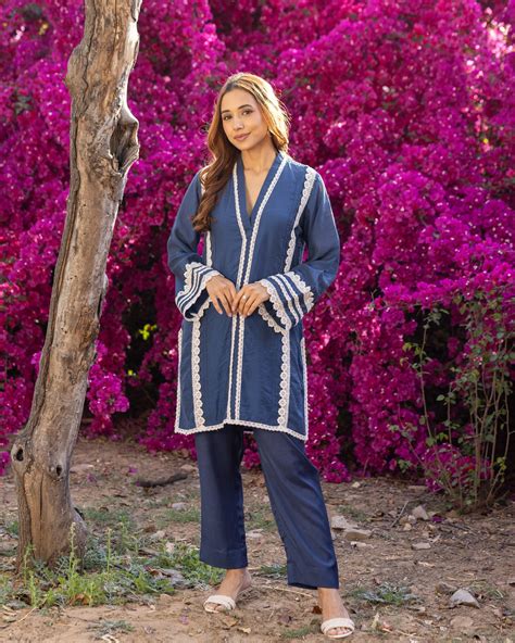 Buy Navy Blue Lace Kurta Set Online in india – Ambraee