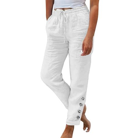 Mohiass Womens Linen Pants with Pockets High Waist Comfy White Summer ...
