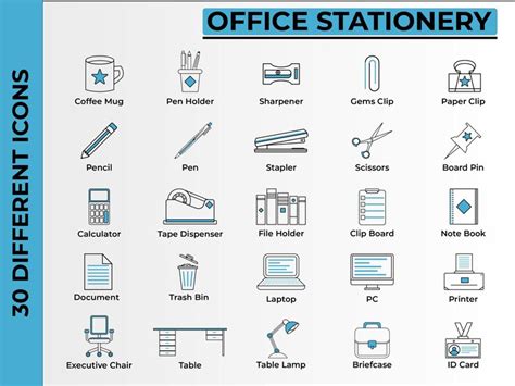 30 blue themed sticker look office stationery icons | Premium Vector