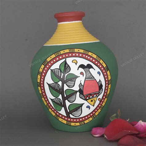 Warli Hand-Painted Terracotta Pot - Green – Vintage Gulley