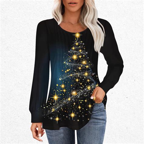 SDNall Christmas Blouse for Women Christmas Tree Casual Loose Pleated ...