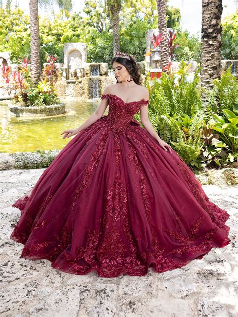 Off Shoulder Corset Ball Gown by LizLuo Quince 26105 | Burgundy quinceanera dresses, Red ...