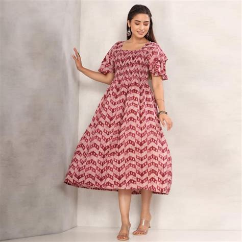 Peach-Purple Casual Wear Printed Cotton Dress