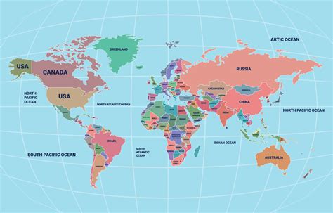 Full Color World Map with Country Names 23022037 Vector Art at Vecteezy