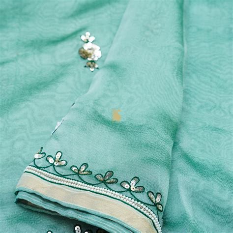 Neptune Green Pure Tissue Silk Pearl & Sequin Embroidery Saree – Khinkhwab