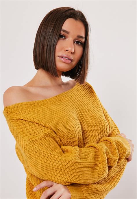 Mustard Yellow Crop Off Shoulder Sweater | Missguided | Sweaters ...