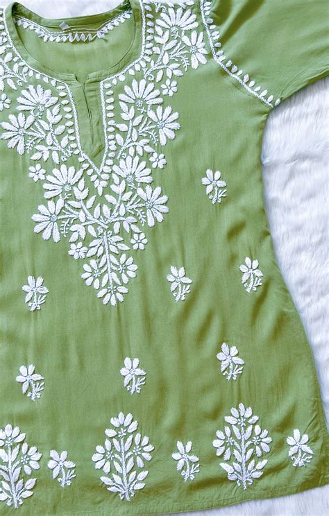Pista Green Short Rayon Chikankari Kurta| Empress Chikankari.
