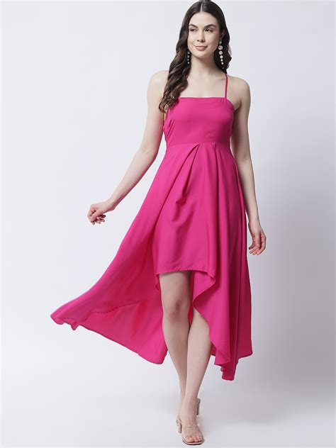 Emeros Women Magenta Square-Neck Stylized Back Fit Flare High Low Dress