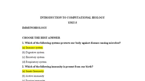 UNIT-5 Question Bank: Immunobiology Quiz & Answers - Studocu