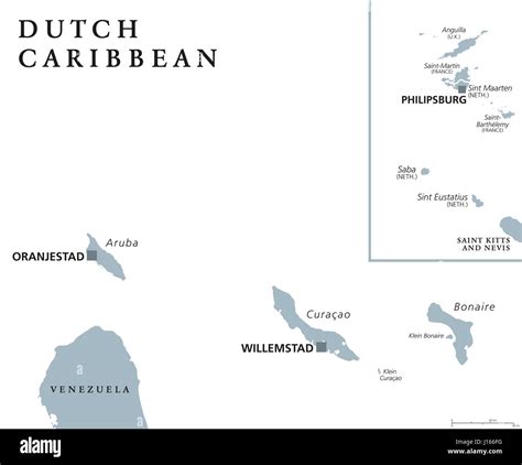 Dutch Caribbean political map with Aruba, Curacao, Bonaire, Sint ...