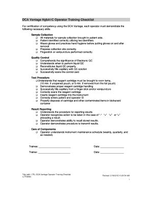 DCA Vantage HgbA1C Operator Training Checklist - Blank Fillable ...