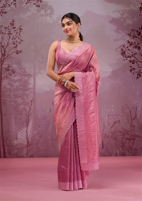 Buy Onion Pink Swarovski Tissue Saree - Koskii