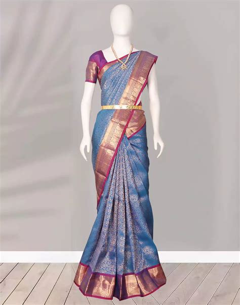 Sky Blue & Purple Kanchi Silk Saree with Zari Work – South India ...