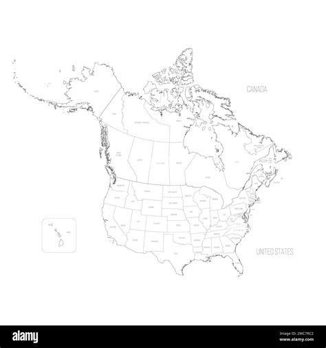 Political map of Canada and United States of America with administrative divisions. Thin black ...