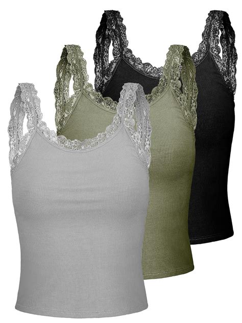 3 x Women Lace Tank Tops Sleeveless Lace Strappy Tank Tops Y2K, Grey ...