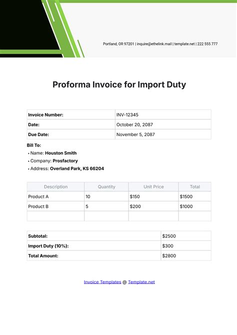 Free Proforma Invoice for Import Duty Template to Edit Online