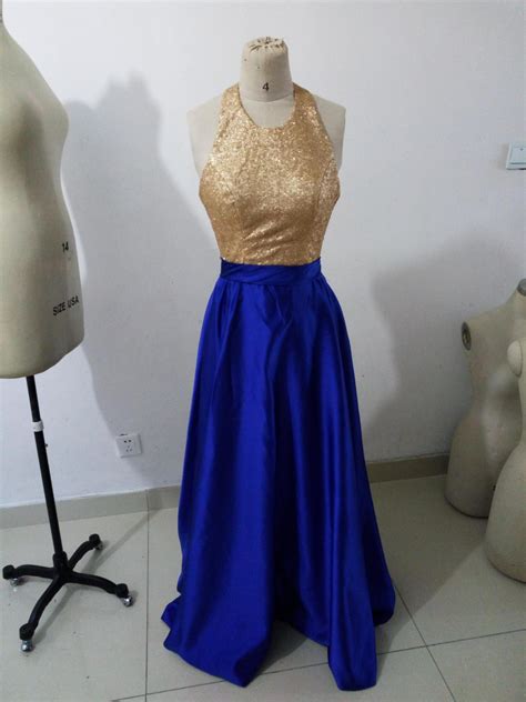 Royal Blue Prom Dresses Gold Sequins Halter Neckline Elegant Satin Prom ...