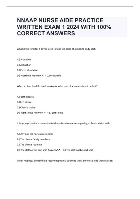 NNAAP NURSE AIDE PRACTICE WRITTEN EXAM 1 2024 WITH 100% CORRECT ANSWERS ...