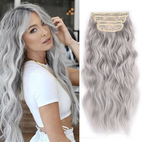 Amazon.com : 20Inches Silver Gray Clip in Hair Extensions 4PCS Grey ...