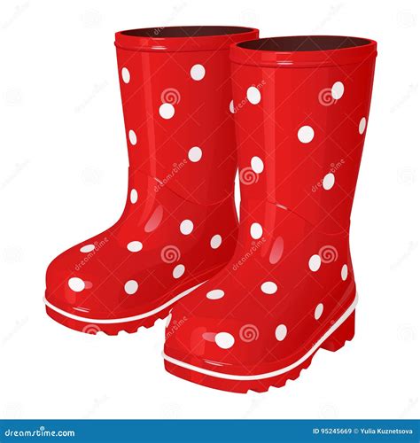 Red Children`s Rubber Boots in a White Polka-dot, with a Corrugated ...
