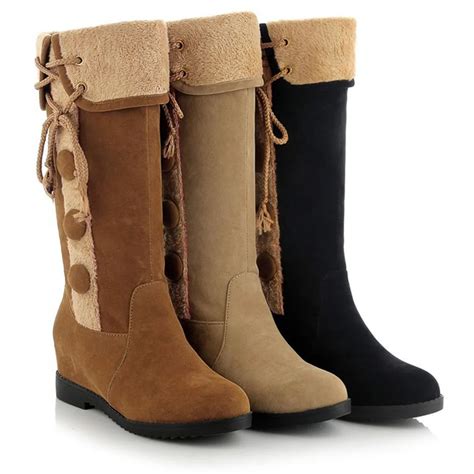 Classic Women Snow Boots Winter Knee High Boots Wedge Round Toe Faux ...