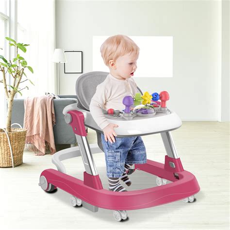 (Rose-red) Baby Walker, 6-Gear Height Adjustable Foldable Baby Walkers ...