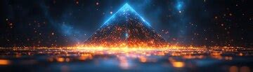Futuristic pyramid glowing with blue and orange lights digital matrix ...