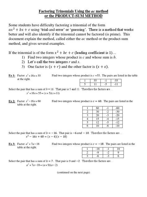 Image result for AC Method Factoring Worksheet