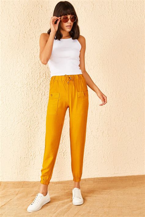 Hardal Beli Lastikli Önü Cepli Pantolon - Bianco Lucci | ElbiseBul