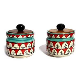 Viktaay Crafts India Handpainted Ceramic Round Jar (Burni) Set with ...