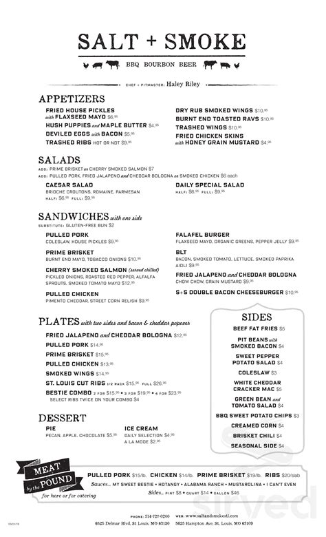 Salt + Smoke menu in St. Louis, Missouri, USA