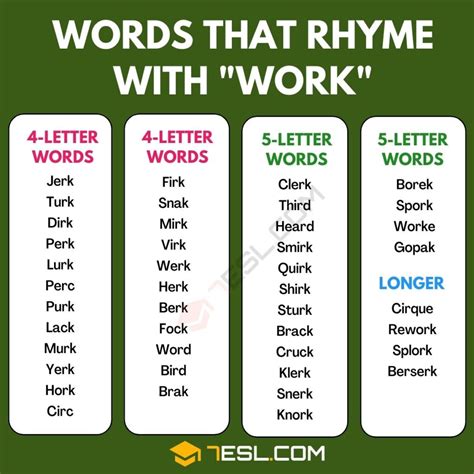 135 Cool Examples of Words that Rhyme with Work • 7ESL