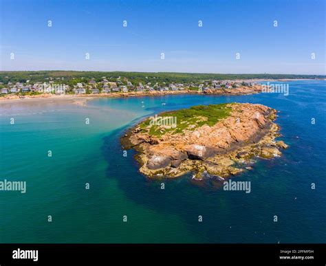 Good Harbor Beach and Salt Island aerial view in summer in Gloucester ...