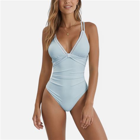 Swim Women's Ruched Deep V One-Piece Swimsuit with Double Strap Design ...