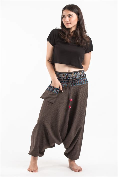 Pinstripe Cotton Low Cut Women's Harem Pants with Elephant Trim in Bro
