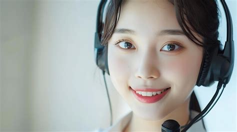 Young woman with headset smiling and ready for communication and ...