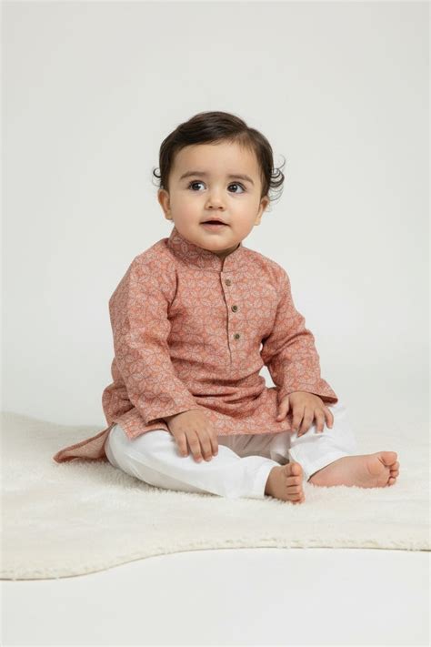 veshbhoshaa-kid's-red-leaf-print-sequence-kurta-pajama-set