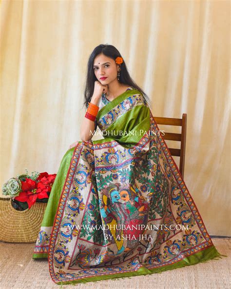 RADHA SANG KRISHNA Handpainted Madhubani Tussar Silk Saree Blouse ...