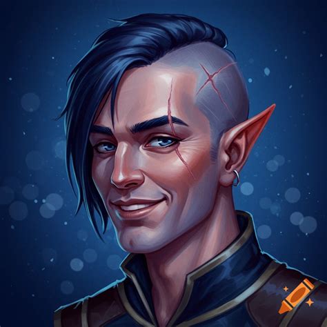Dark blue haired smiling male elf with half shaved head and scar on Craiyon