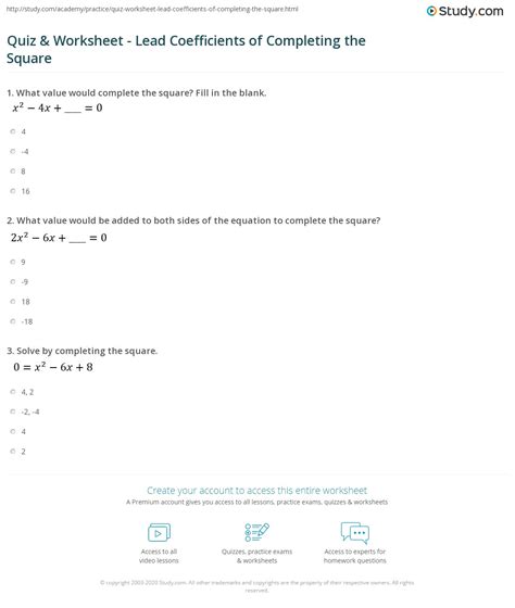 Quiz & Worksheet - Lead Coefficients of Completing the Square | Study.com