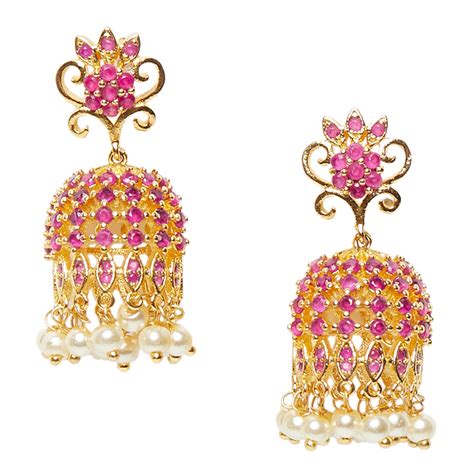 American Diamond CZ Traditional Gold Plated Red Brass Jhumka Earrings ...