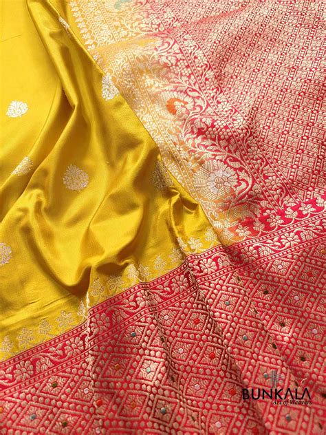 Shop Bright Yellow Katan Silk Banarasi Saree Contrast Meenakari Border ...