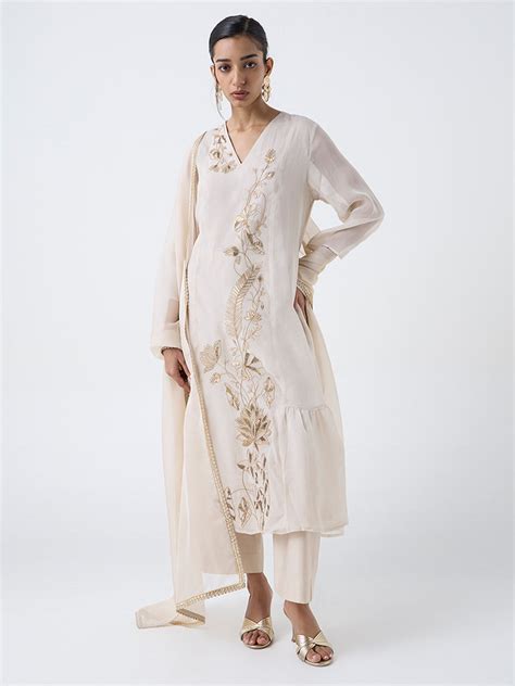 Buy Vark Beige Floral Embroidered A-Line Ethnic Set from Westside