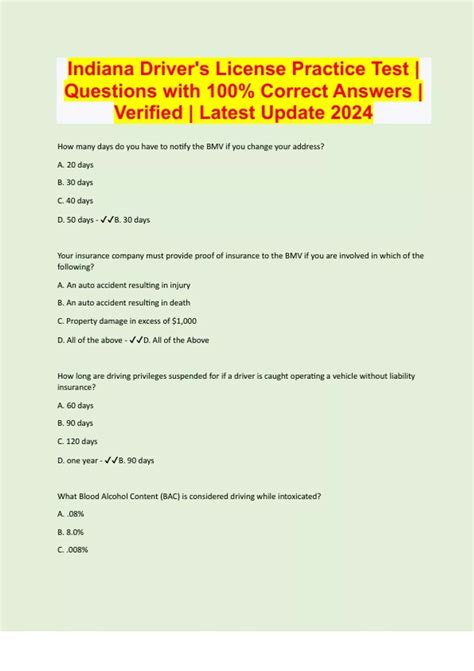 Indiana Driver's License Practice Test | Questions with 100% Correct Answers | Verified | Latest ...